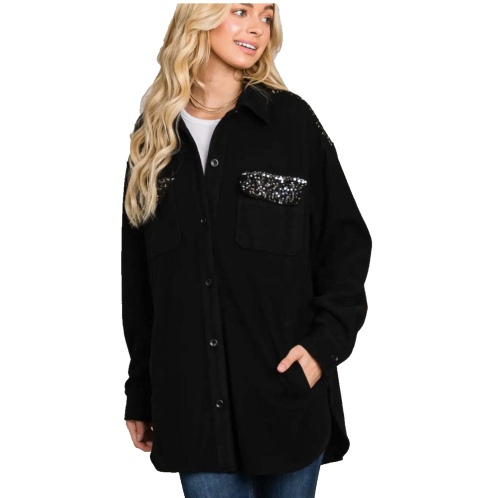 Allie Rose Black Oversized Sequin Detail Shacket Heavy Shirt Size Large